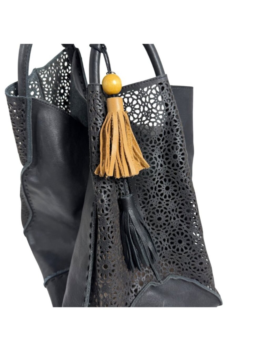The Sak Los Feliz Slouchy Boho Tote Black Leather Moroccan Lasercut + Tassels - Picture 2 of 12